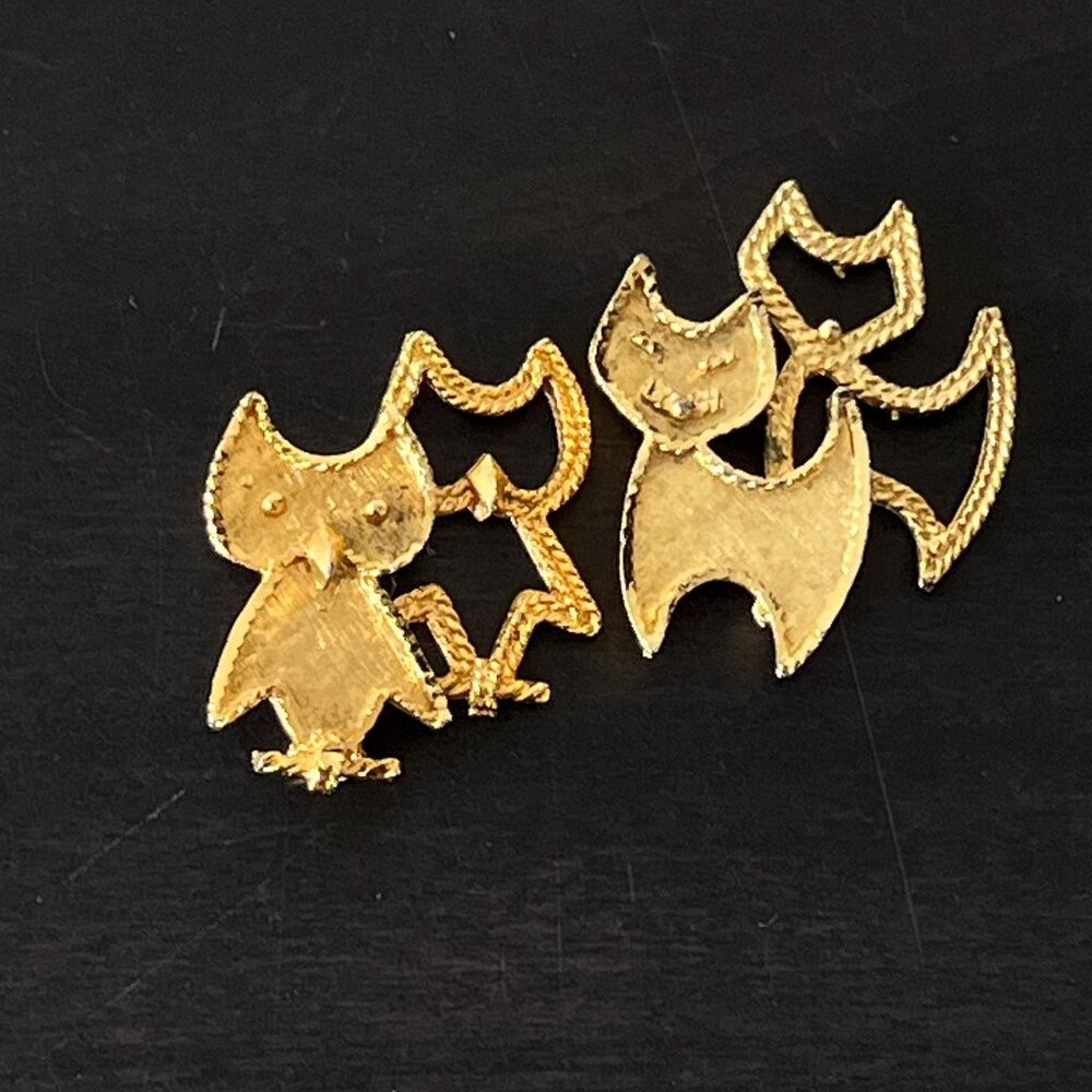 Vintage Mamselle Goldtone Animal Shadow Brooches // Owl & Cat // Set of 2